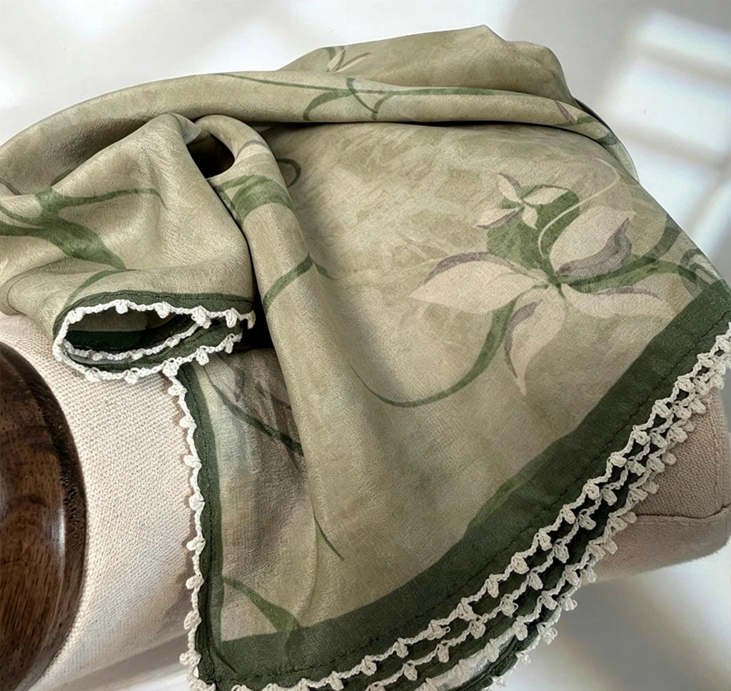 100% Mulberry Silk Scarf 26"x26" 65x65cm, Ink Orchid Botanical Print, Silk Crepe de Chine Square Wrap, Muted Green Summer Gift for Her