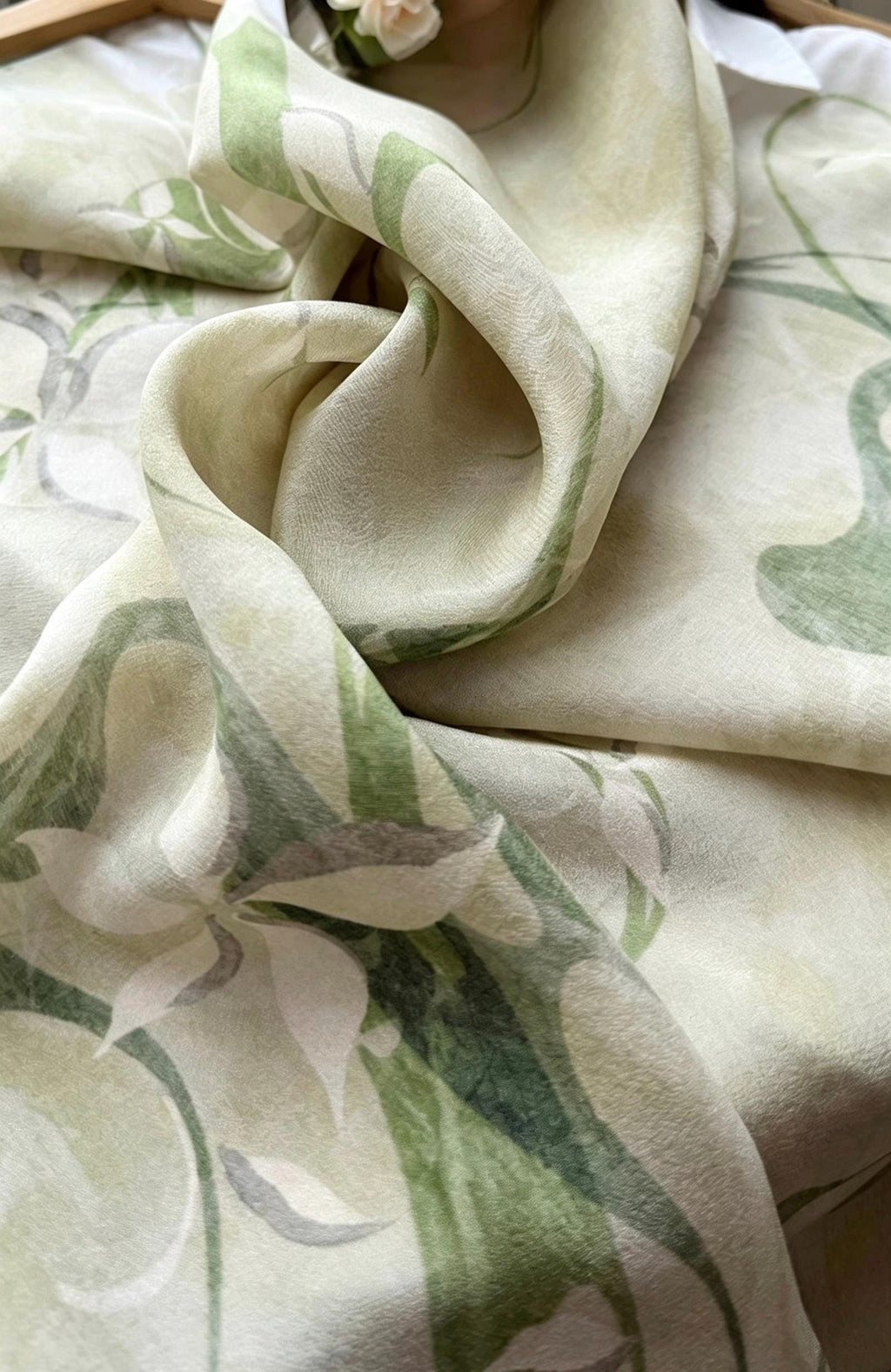 100% Mulberry Silk Scarf 26"x26" 65x65cm, Ink Orchid Botanical Print, Silk Crepe de Chine Square Wrap, Muted Green Summer Gift for Her