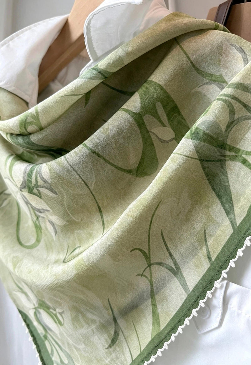 100% Mulberry Silk Scarf 26"x26" 65x65cm, Ink Orchid Botanical Print, Silk Crepe de Chine Square Wrap, Muted Green Summer Gift for Her
