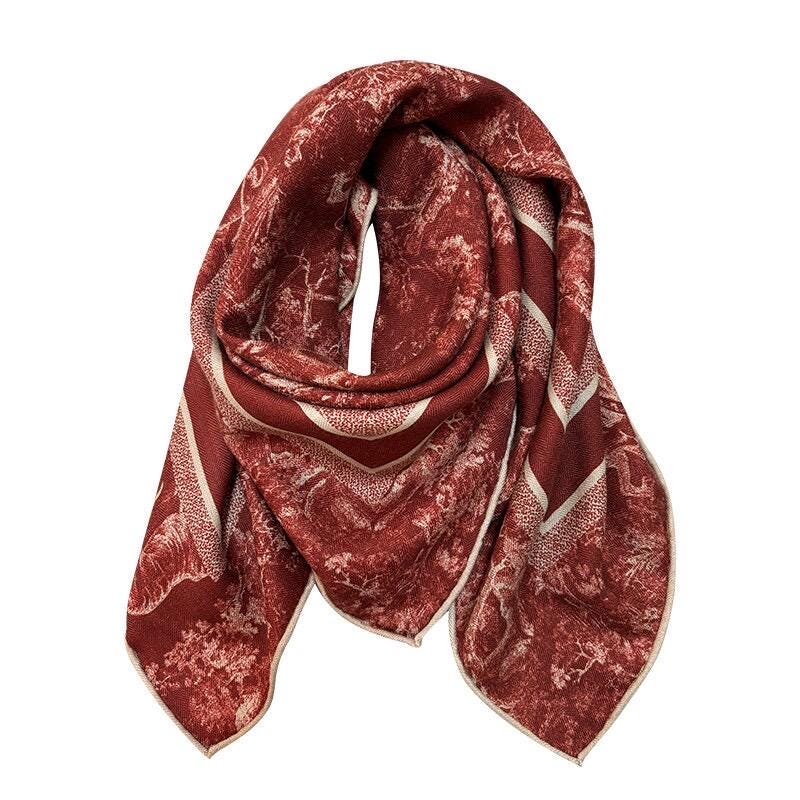 Silk Wool Scarf 35"x35" 88x88cm, Heavyweight Jungle Botanical Silk Wool Blend Square Scarf, Elegant Spring Autumn Shawl Gift for Her