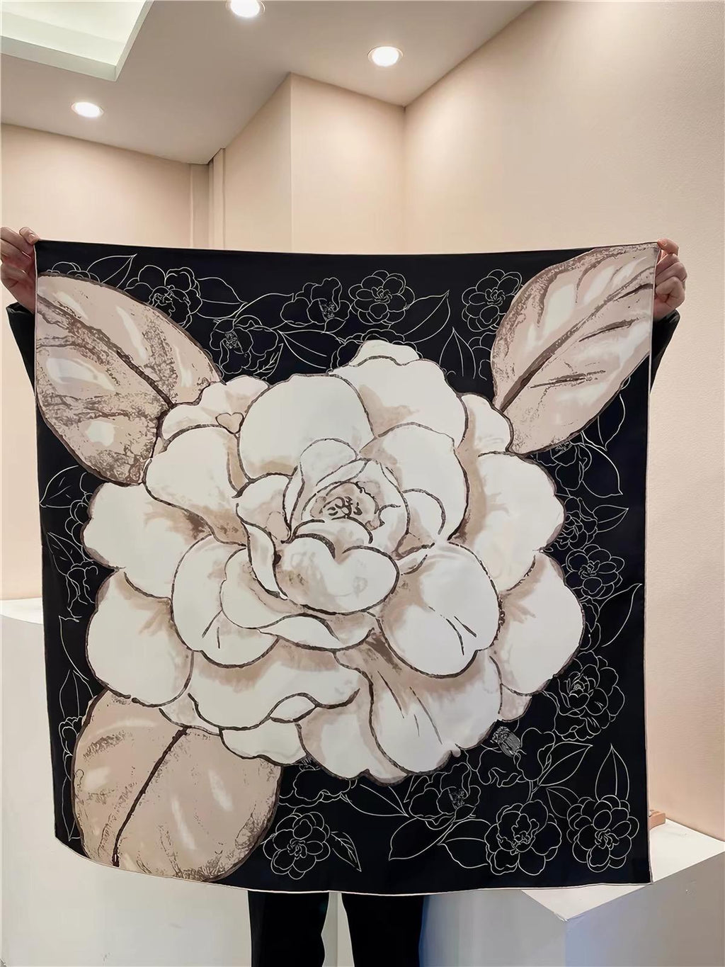 100% Mulberry Silk Scarf 35"x35" 90x90CM Camellia Flower Silk Twill Large Square Scarf, Luxury Shawl Hair Bandana Wrap, Gift for Her