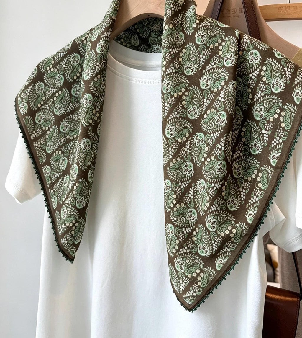 100% Mulberry Silk Scarf 27"x27" 68x68cm, Deep Brown Vintage European Pattern Silk Crepe de Chine Square Scarf, Classic Gift for Her