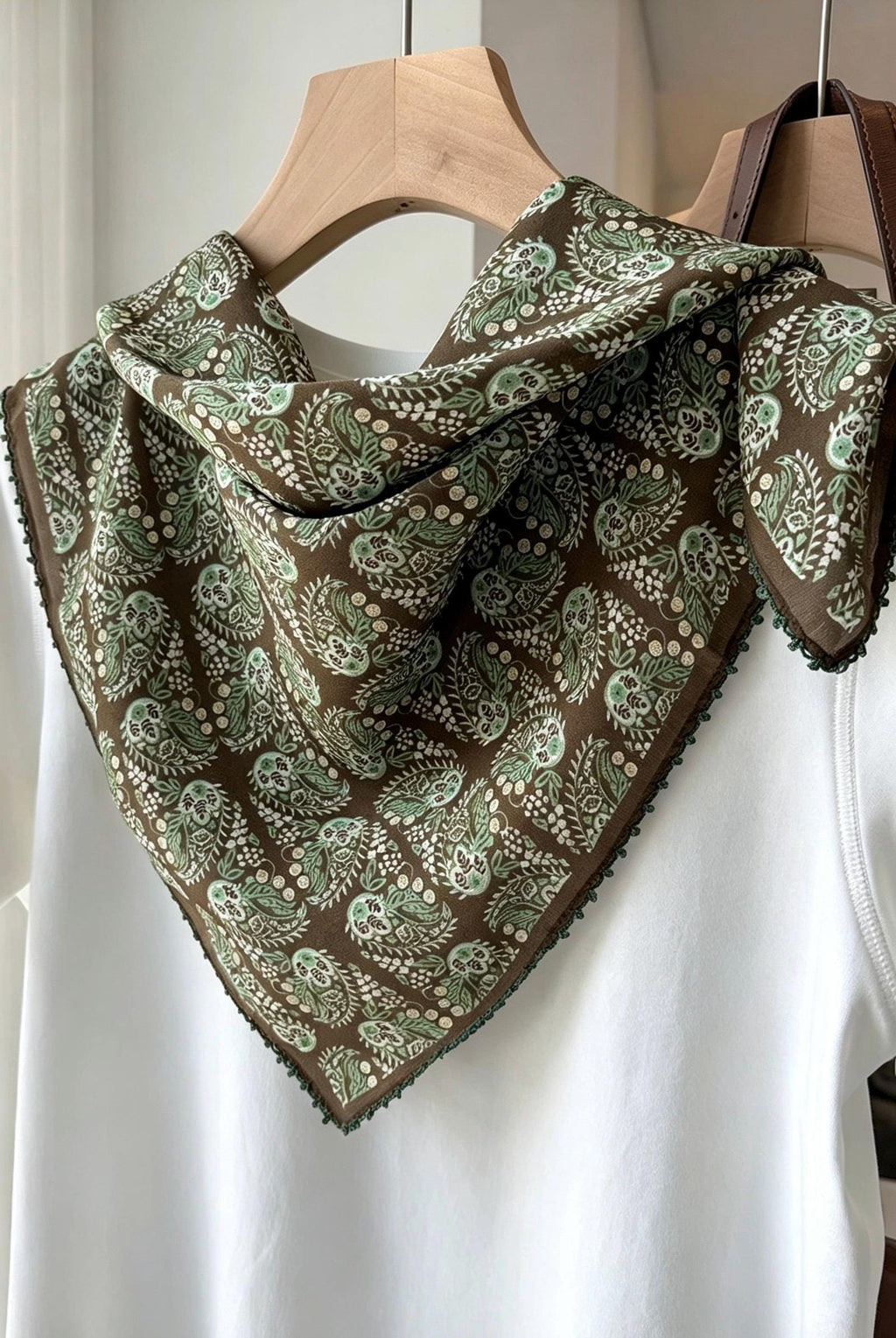 100% Mulberry Silk Scarf 27"x27" 68x68cm, Deep Brown Vintage European Pattern Silk Crepe de Chine Square Scarf, Classic Gift for Her