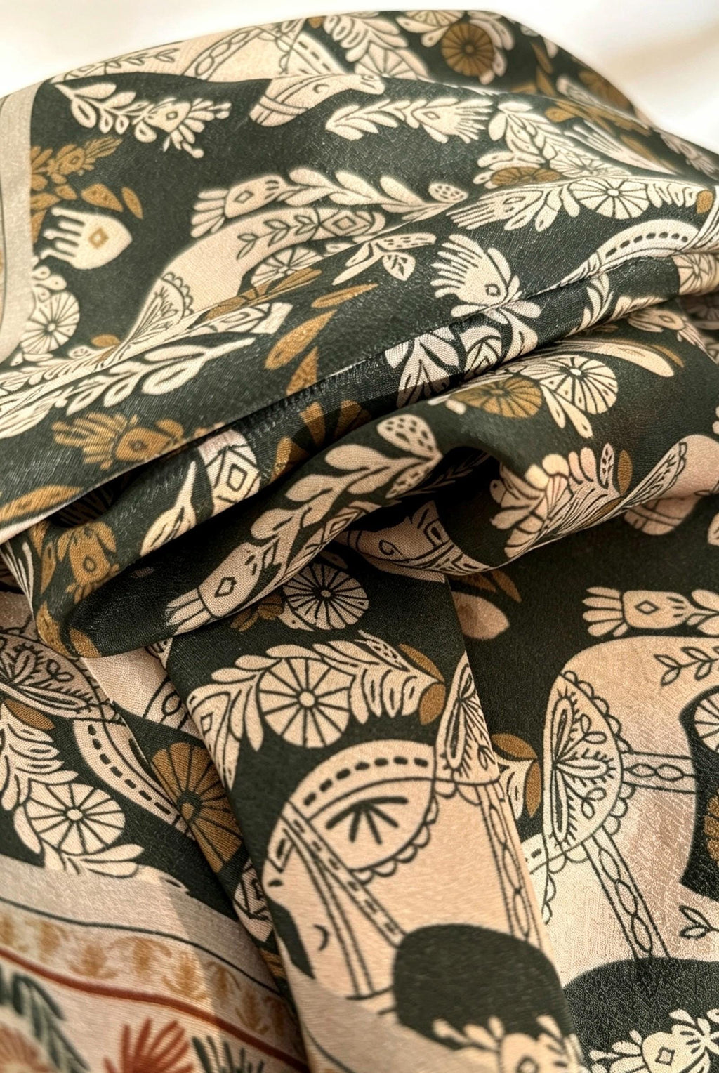 100% Mulberry Silk Scarf 26"x26" 65x65cm, Green Woodland Horse Print Silk Crepe de Chine Square Scarf, Neckwear, Gift for Her