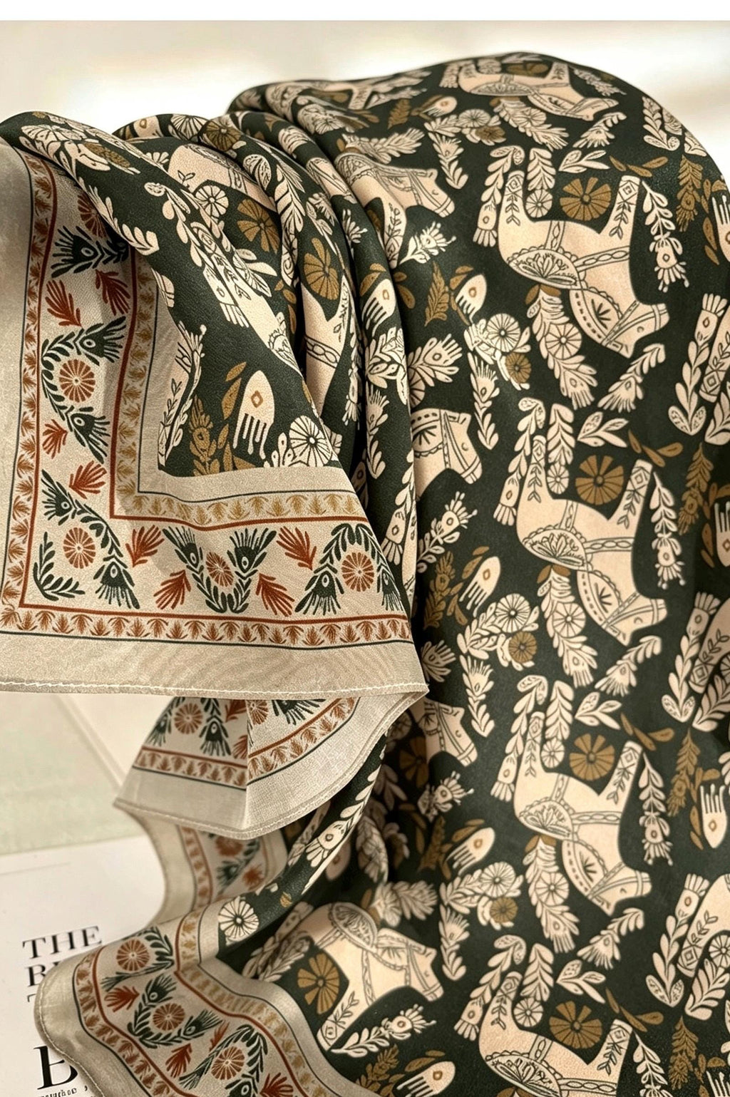 100% Mulberry Silk Scarf 26"x26" 65x65cm, Green Woodland Horse Print Silk Crepe de Chine Square Scarf, Neckwear, Gift for Her