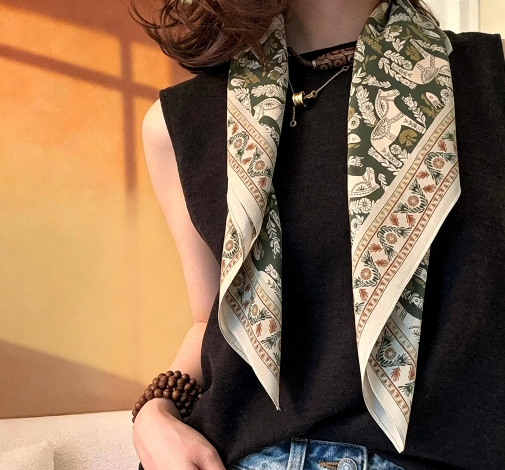 100% Mulberry Silk Scarf 26"x26" 65x65cm, Green Woodland Horse Print Silk Crepe de Chine Square Scarf, Neckwear, Gift for Her