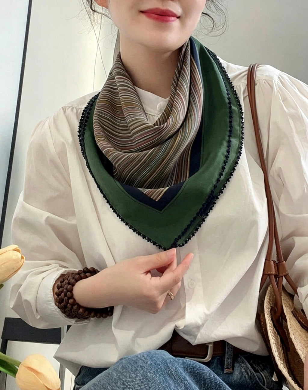 100% Mulberry Silk Scarf 26"x26" 65x65cm, Vintage Ethnic Color Block Stripe Silk Crepe de Chine Square Scarf, Artistic Gift for Her