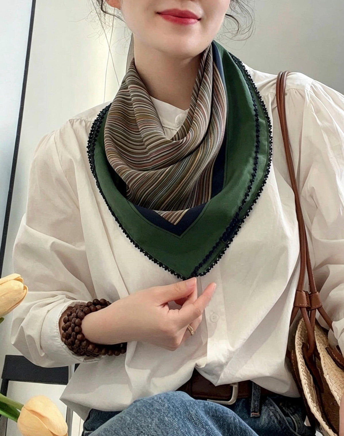 100% Mulberry Silk Scarf 26"x26" 65x65cm, Vintage Ethnic Color Block Stripe Silk Crepe de Chine Square Scarf, Artistic Gift for Her