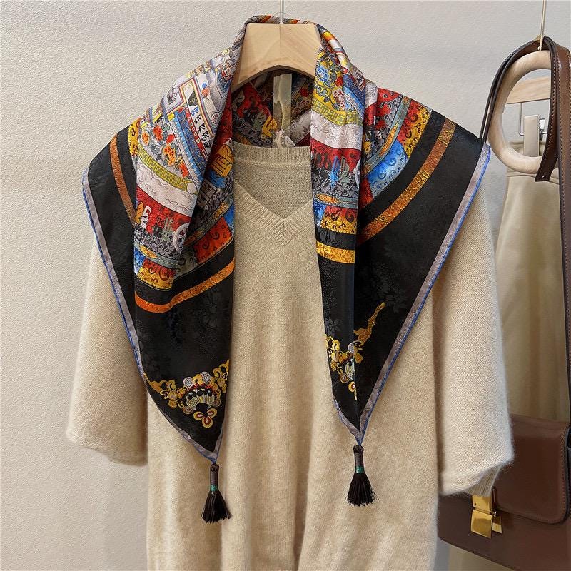 100% Mulberry Silk Scarf 26"x26" 65x65cm, Heavyweight Xiangyun Silk Dunhuang Square Scarf, Oriental Shawl Wrap, Gift for Her
