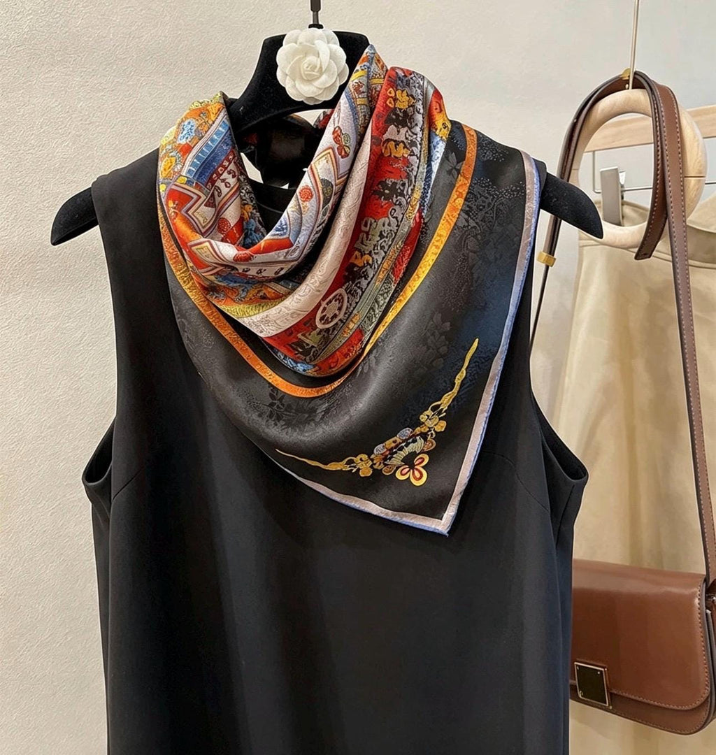 100% Mulberry Silk Scarf 26"x26" 65x65cm, Heavyweight Xiangyun Silk Dunhuang Square Scarf, Oriental Shawl Wrap, Gift for Her