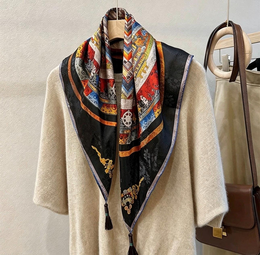 100% Mulberry Silk Scarf 26"x26" 65x65cm, Heavyweight Xiangyun Silk Dunhuang Square Scarf, Oriental Shawl Wrap, Gift for Her