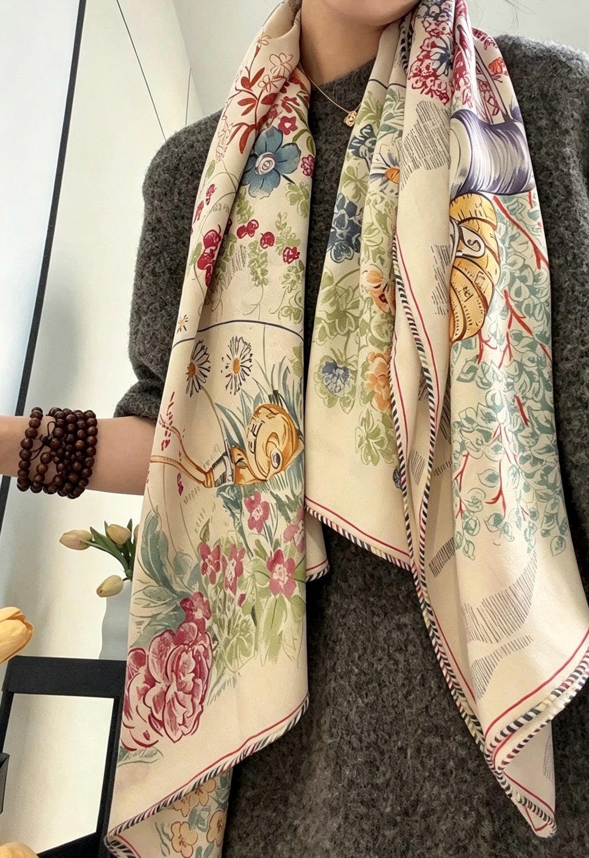 Silk Wool Scarf 53"x53" 135x135cm, Watercolor Forest Soft Floral Silk Wool Blend Square Shawl, Whimsical Garden Gift for Her