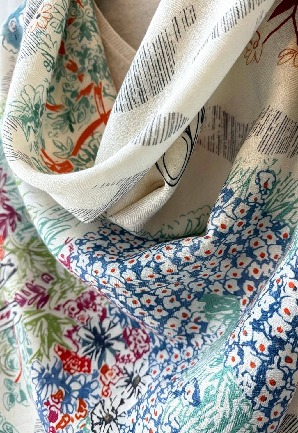 Silk Wool Scarf 53"x53" 135x135cm, Watercolor Forest Soft Floral Silk Wool Blend Square Shawl, Whimsical Garden Gift for Her
