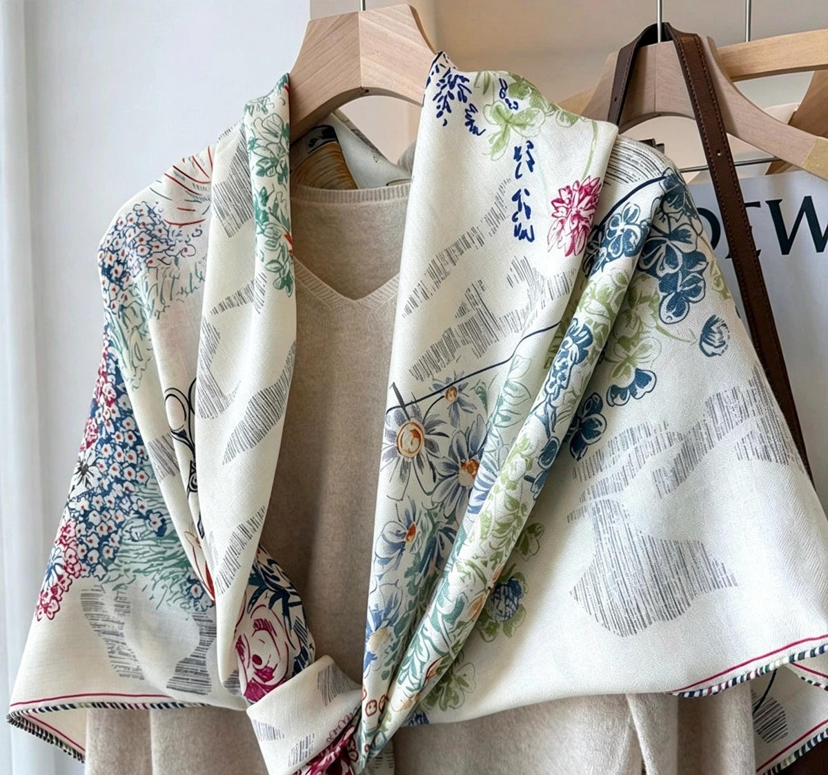 Silk Wool Scarf 53"x53" 135x135cm, Watercolor Forest Soft Floral Silk Wool Blend Square Shawl, Whimsical Garden Gift for Her