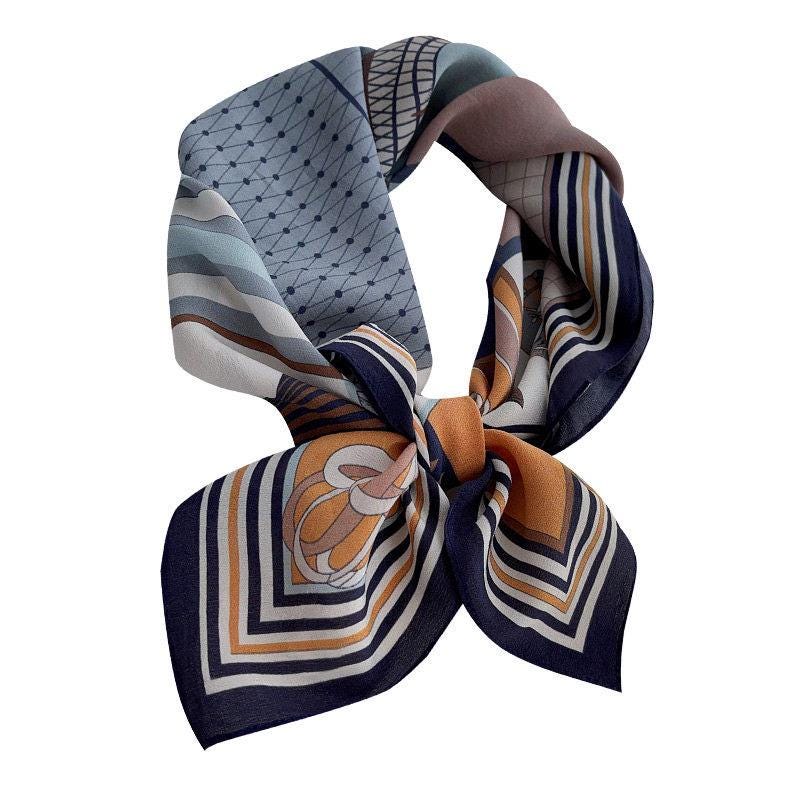 Wrapwhisper 100% Mulberry Silk Scarf 26"x26" 65x65cm, Smoky Blue Grid Horse Print Silk Crepe de Chine Square Scarf, Shawl Wrap, Gift for Her