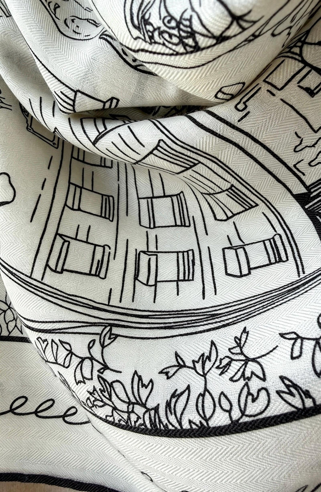 Silk Wool Scarf 53"x53" 135x135cm, Paris Street Sketch Minimalist French Style Silk Wool Blend Square Shawl, Classic Gift for Her
