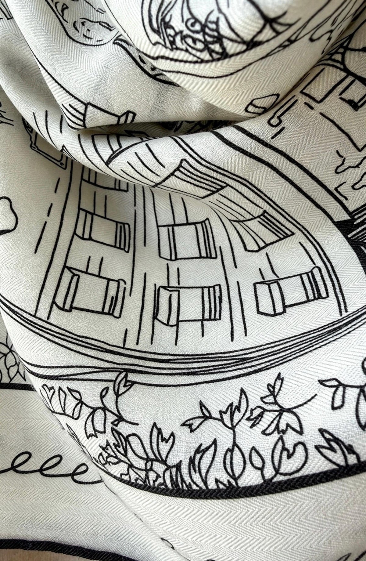 Silk Wool Scarf 53"x53" 135x135cm, Paris Street Sketch Minimalist French Style Silk Wool Blend Square Shawl, Classic Gift for Her