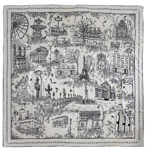 Silk Wool Scarf 53"x53" 135x135cm, Paris Street Sketch Minimalist French Style Silk Wool Blend Square Shawl, Classic Gift for Her
