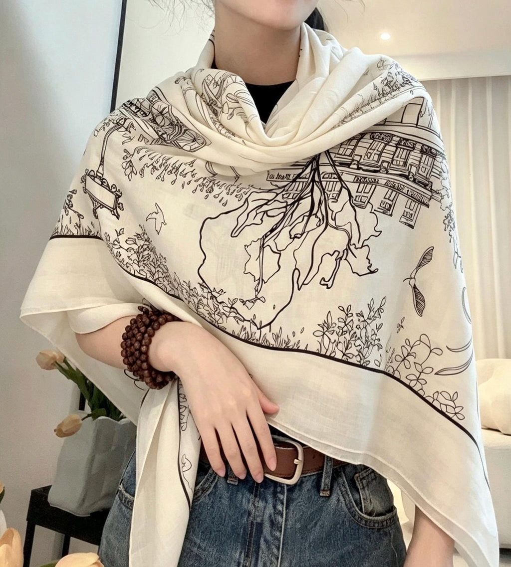 Silk Wool Scarf 53"x53" 135x135cm, Paris Street Sketch Minimalist French Style Silk Wool Blend Square Shawl, Classic Gift for Her