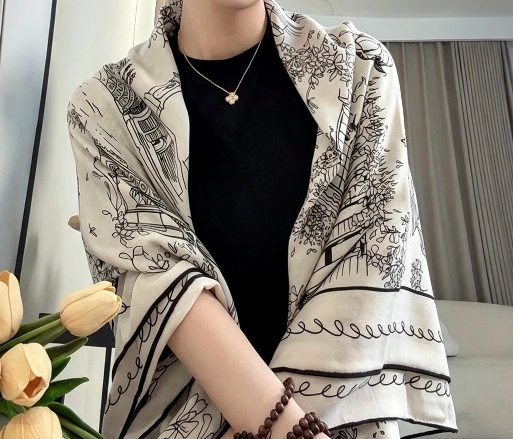 Silk Wool Scarf 53"x53" 135x135cm, Paris Street Sketch Minimalist French Style Silk Wool Blend Square Shawl, Classic Gift for Her