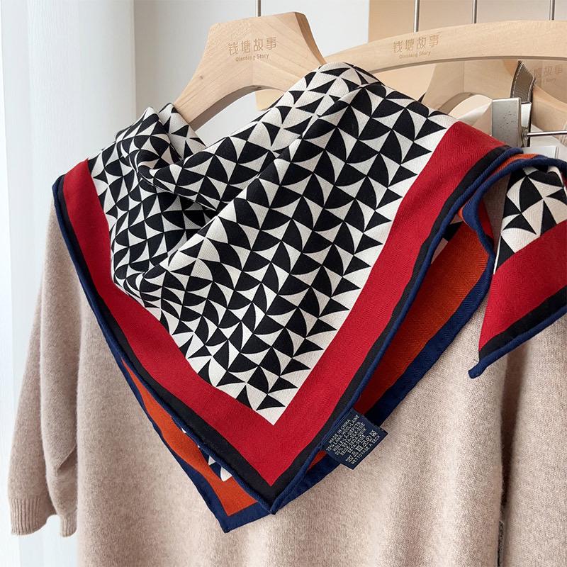 Silk Wool Scarf 26"x26" 65x65cm, Geometric Monogram Silk Wool Square Scarf, Color Block Neckwear Shawl Wrap, Fall Winter Gift for Her