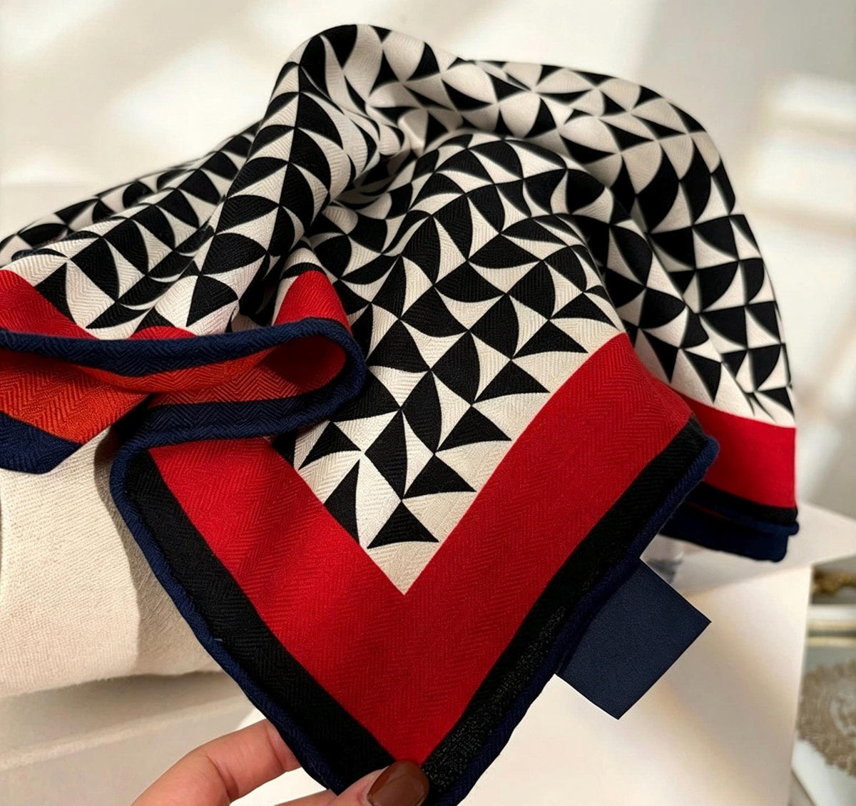 Silk Wool Scarf 26"x26" 65x65cm, Geometric Monogram Silk Wool Square Scarf, Color Block Neckwear Shawl Wrap, Fall Winter Gift for Her