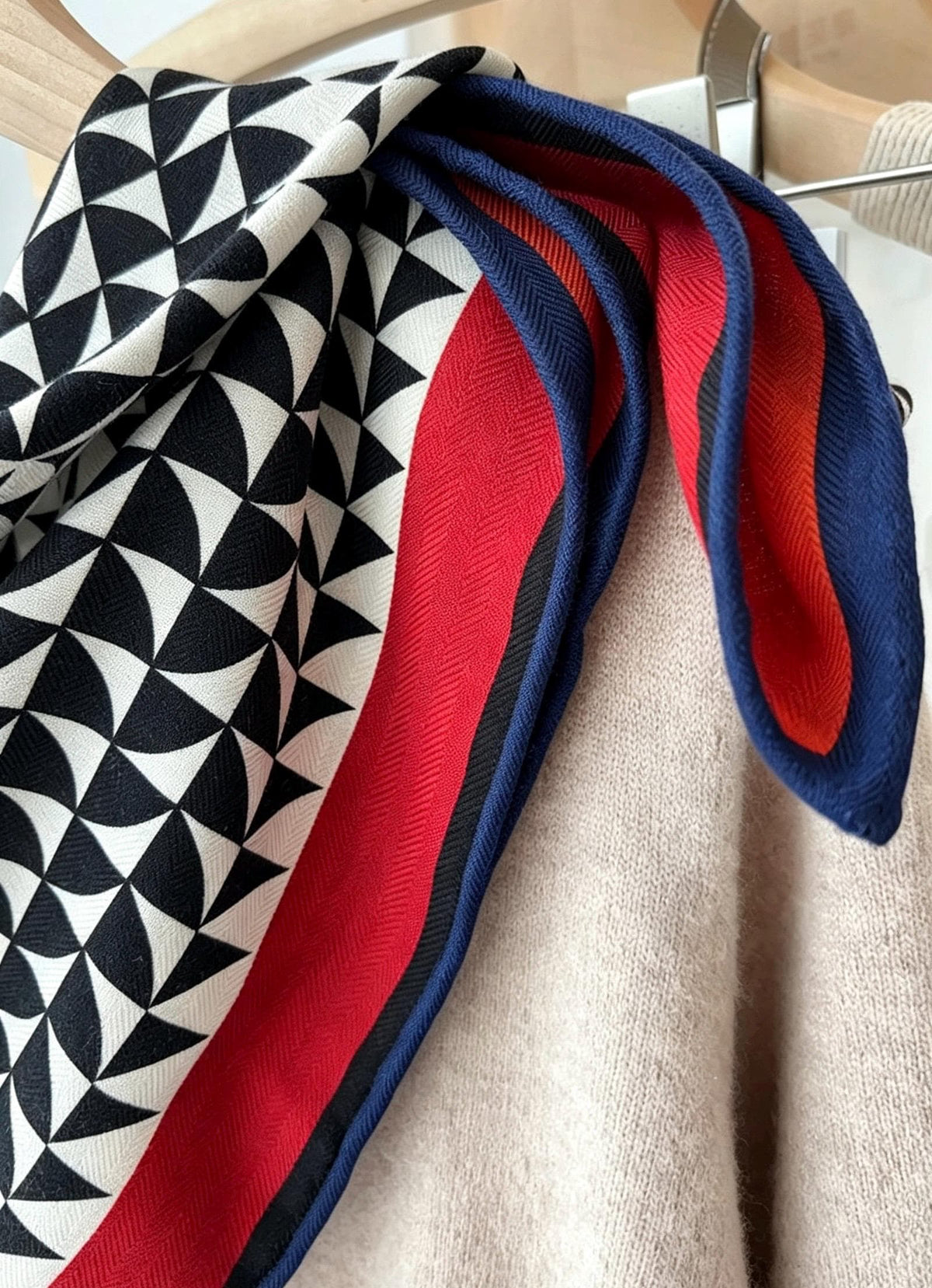 Silk Wool Scarf 26"x26" 65x65cm, Geometric Monogram Silk Wool Square Scarf, Color Block Neckwear Shawl Wrap, Fall Winter Gift for Her
