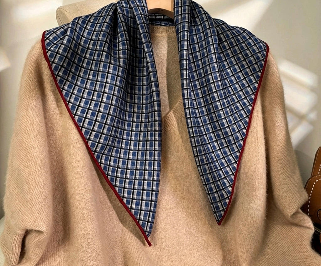 Silk Wool Scarf 27"x27" 68x68cm, Blue Plaid Silk Wool Square Scarf, Vintage Soft Blue Neckwear Shawl Wrap, Spring Gift for Her