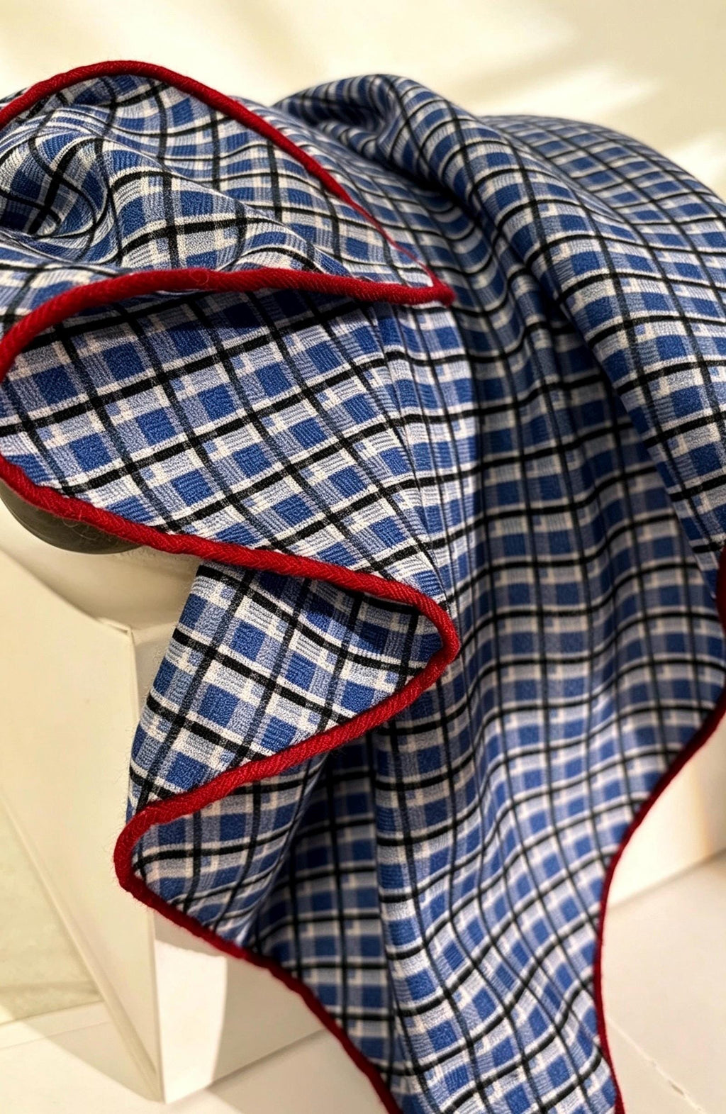 Silk Wool Scarf 27"x27" 68x68cm, Blue Plaid Silk Wool Square Scarf, Vintage Soft Blue Neckwear Shawl Wrap, Spring Gift for Her