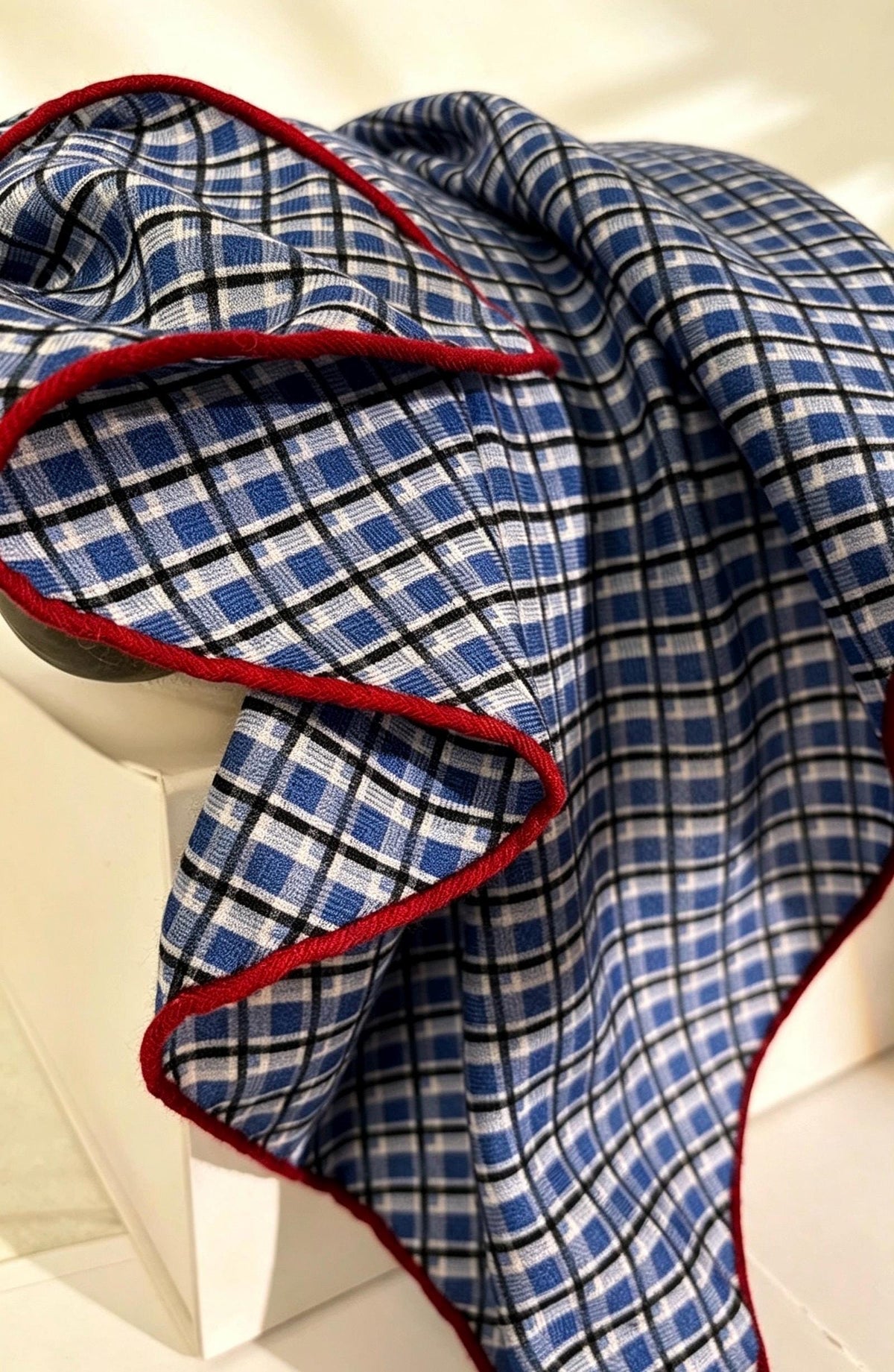 Silk Wool Scarf 27"x27" 68x68cm, Blue Plaid Silk Wool Square Scarf, Vintage Soft Blue Neckwear Shawl Wrap, Spring Gift for Her