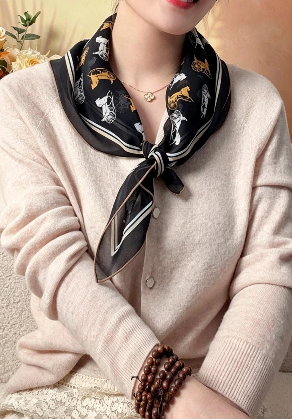 100% Mulberry Silk Scarf 26"x26" 65x65cm, Sheer Silk Georgette Floral Square Scarf, Fresh Elegant Neckwear, Spring Summer Gift for Her