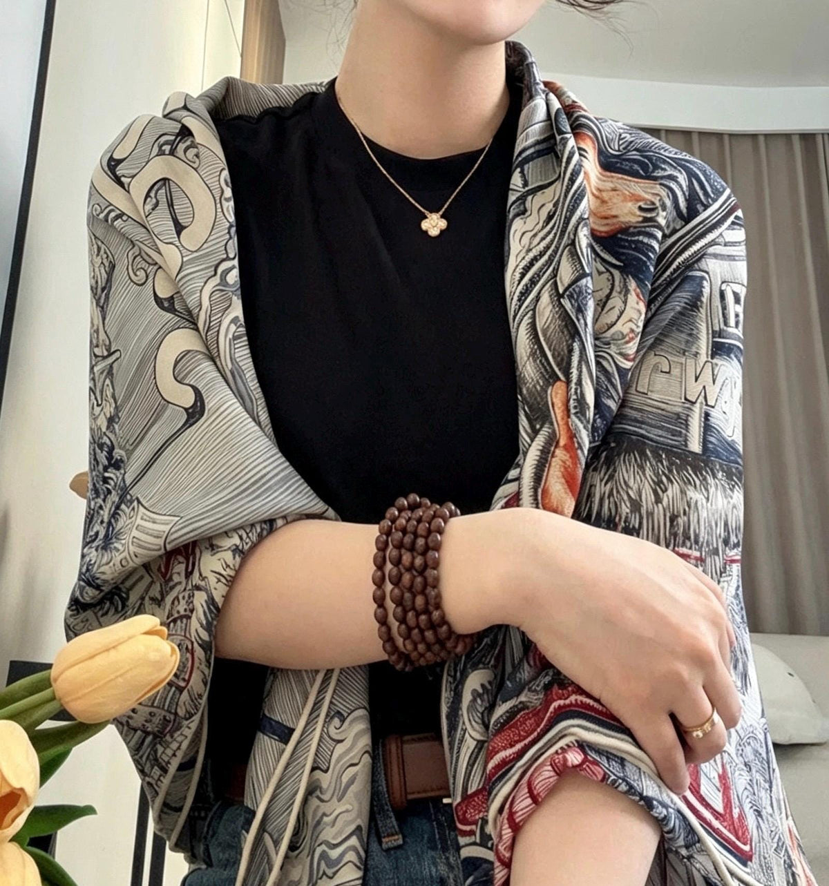 Silk Wool Scarf 53"x53" 135x135cm, Vintage Narrative Low Saturation Color Block Silk Wool Blend Square Shawl, Classic Gift for Her
