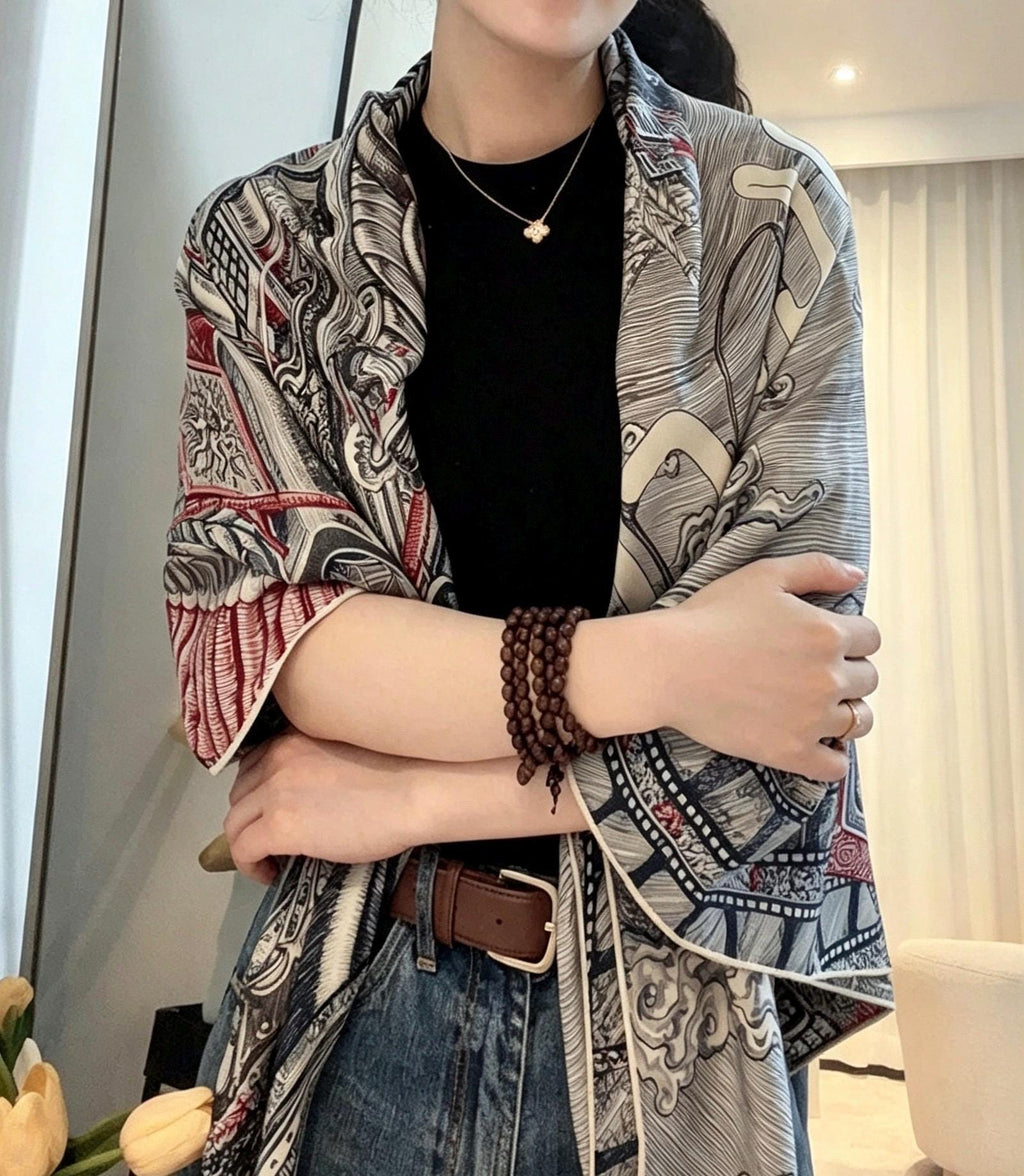 Silk Wool Scarf 53"x53" 135x135cm, Vintage Narrative Low Saturation Color Block Silk Wool Blend Square Shawl, Classic Gift for Her