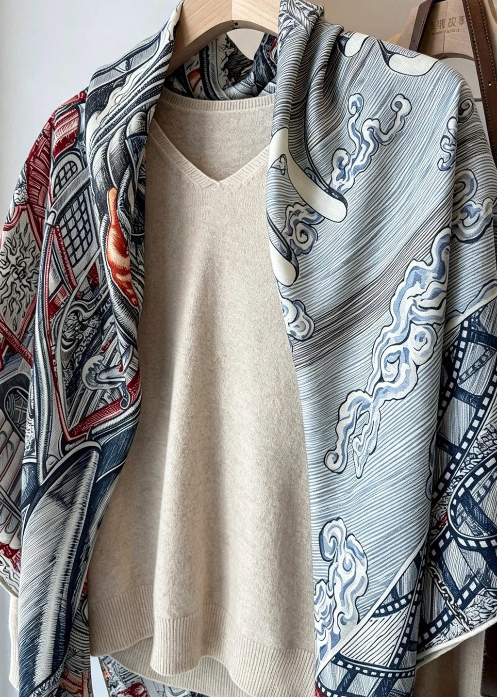 Silk Wool Scarf 53"x53" 135x135cm, Vintage Narrative Low Saturation Color Block Silk Wool Blend Square Shawl, Classic Gift for Her
