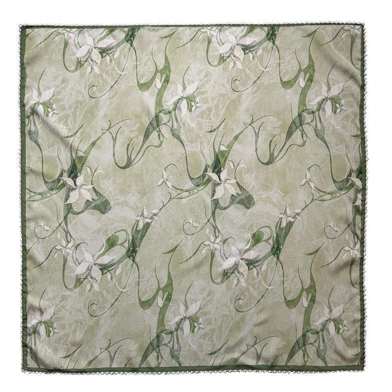 100% Mulberry Silk Scarf 27"x27" 68x68cm, Ink Orchid Cool Botanical Silk Crepe de Chine Square Scarf, Neckwear Shawl, Gift for Her