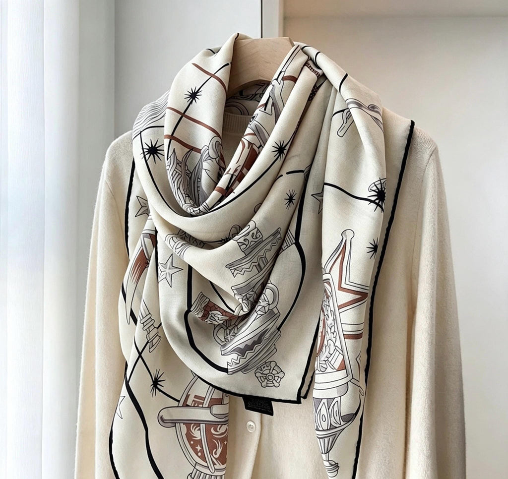 Silk Wool Scarf 53"x53" 135x135cm, Vintage Equestrian Heritage Silk Wool Blend Square Shawl, Luxury Collector Gift for Her