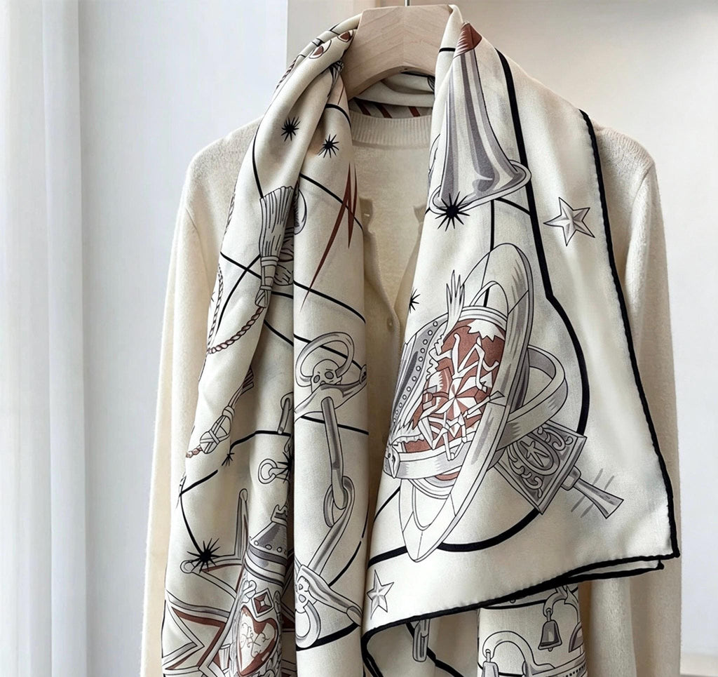 Silk Wool Scarf 53"x53" 135x135cm, Vintage Equestrian Heritage Silk Wool Blend Square Shawl, Luxury Collector Gift for Her