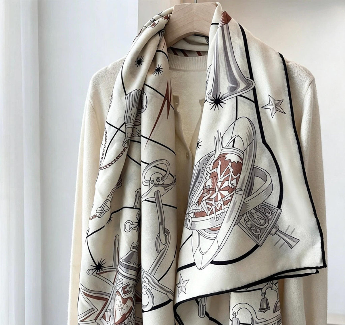 Silk Wool Scarf 53"x53" 135x135cm, Vintage Equestrian Heritage Silk Wool Blend Square Shawl, Luxury Collector Gift for Her