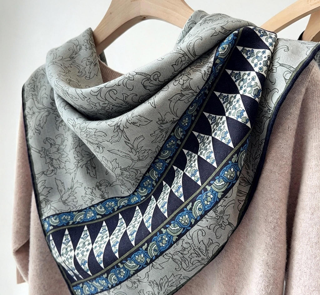 Silk Wool Scarf 33"x33" 85x85cm, Rustic Smoky Grey Silk Wool Blend Square Shawl, Lightweight Air Condition Wrap, Gift for Her
