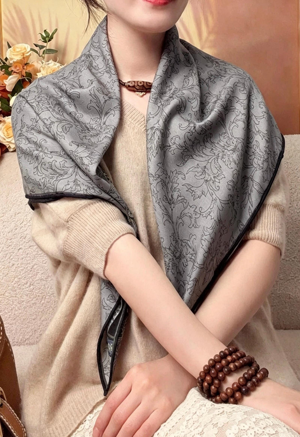 Silk Wool Scarf 33"x33" 85x85cm, Rustic Smoky Grey Silk Wool Blend Square Shawl, Lightweight Air Condition Wrap, Gift for Her