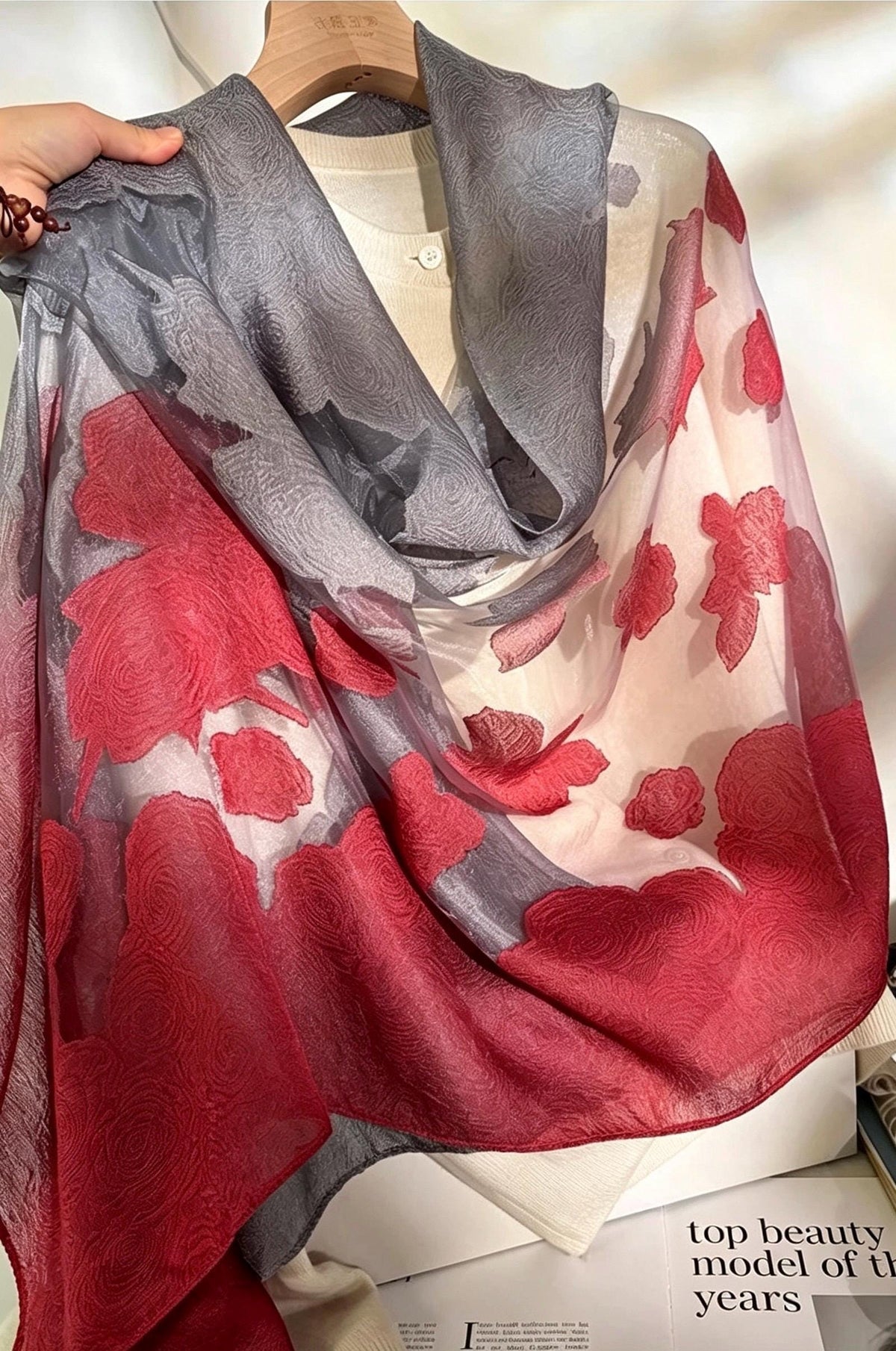 Wrapwhisper 3D Rose Cut-Flower Organza Silk Shawl – Elegant Gradient Floral Wrap, Sheer Wedding Scarf, Lightweight Oversized Women’s Stole