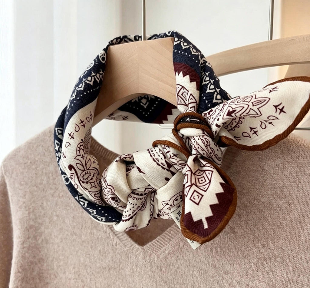 Silk Wool Scarf 35"x35" 88x88cm, Italian Paisley Four Grid Silk Wool Square Scarf, Winter Shawl Wrap, Gift for Her