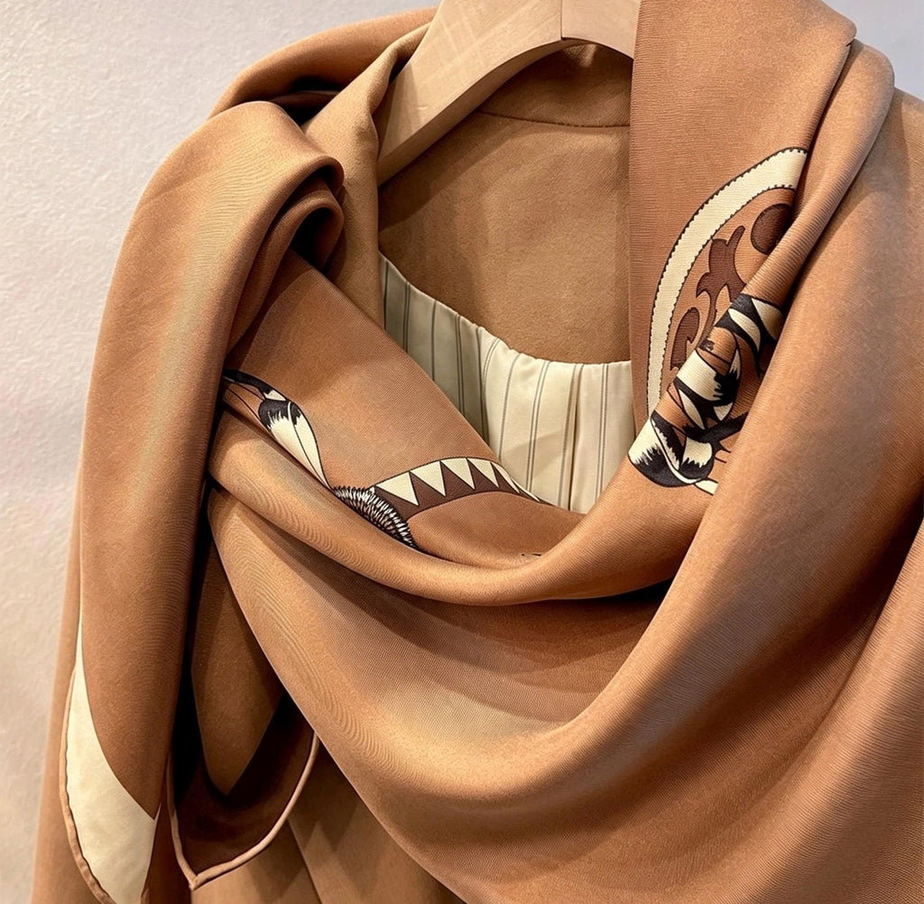 100% Mulberry Silk Scarf 35"x35" 88x88cm, Sandwashed Silk Twill Square Scarf, Vintage Crest Emblem Shawl, Spring Autumn Gift for Her