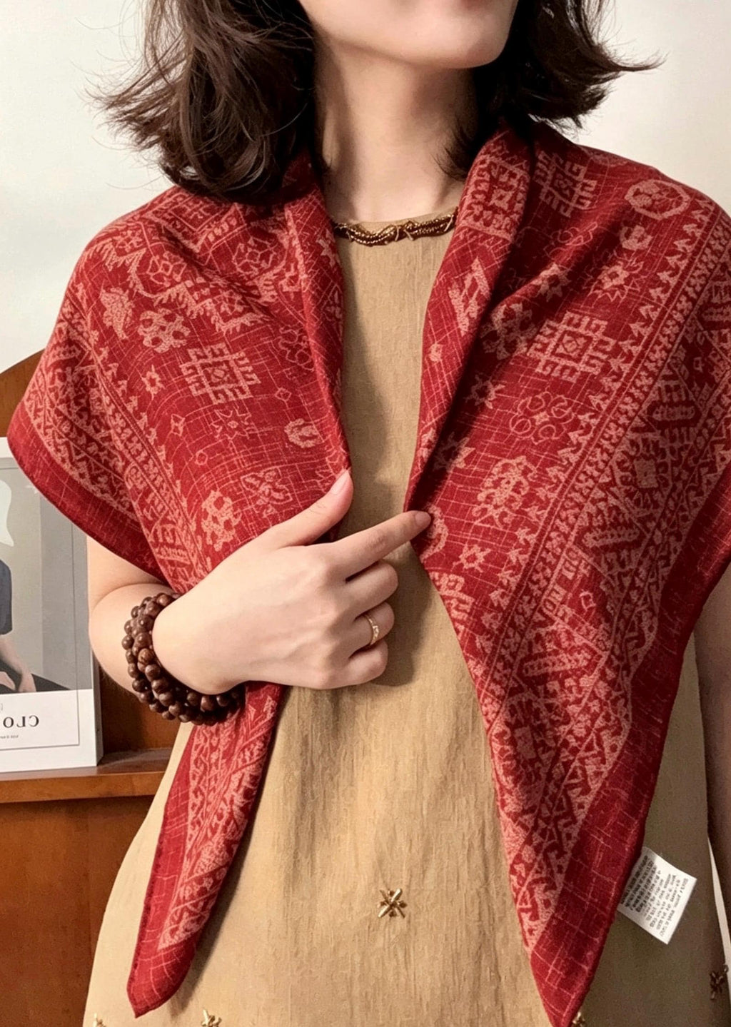 Silk Wool Scarf 35"x35" 88x88cm, Ancora Red Tie Dye Silk Wool Square Scarf, Artisanal Winter Shawl Wrap, Elegant Gift for Her