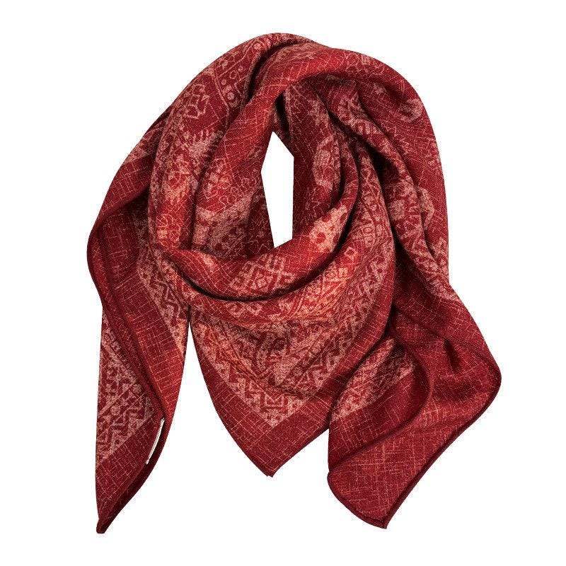 Silk Wool Scarf 35"x35" 88x88cm, Ancora Red Tie Dye Silk Wool Square Scarf, Artisanal Winter Shawl Wrap, Elegant Gift for Her