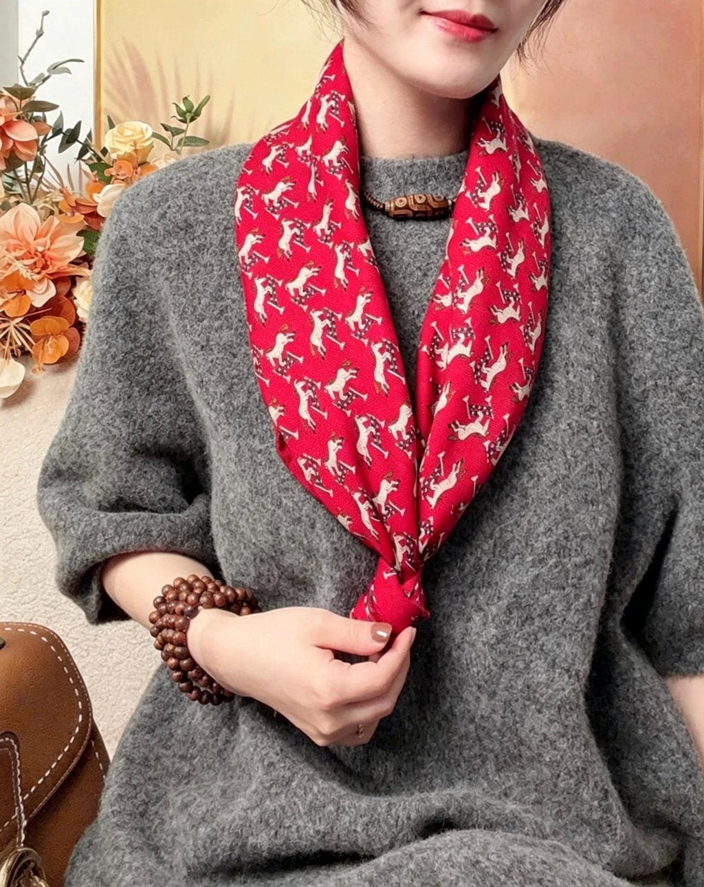 Silk Wool Scarf 35"x35" 88x88cm, Cute Playful Horse Silk Wool Square Scarf, Whimsical Spring Shawl Wrap, Cute Gift for Her
