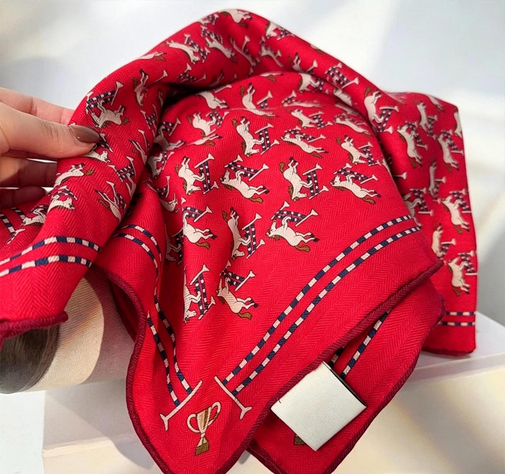 Silk Wool Scarf 35"x35" 88x88cm, Cute Playful Horse Silk Wool Square Scarf, Whimsical Spring Shawl Wrap, Cute Gift for Her