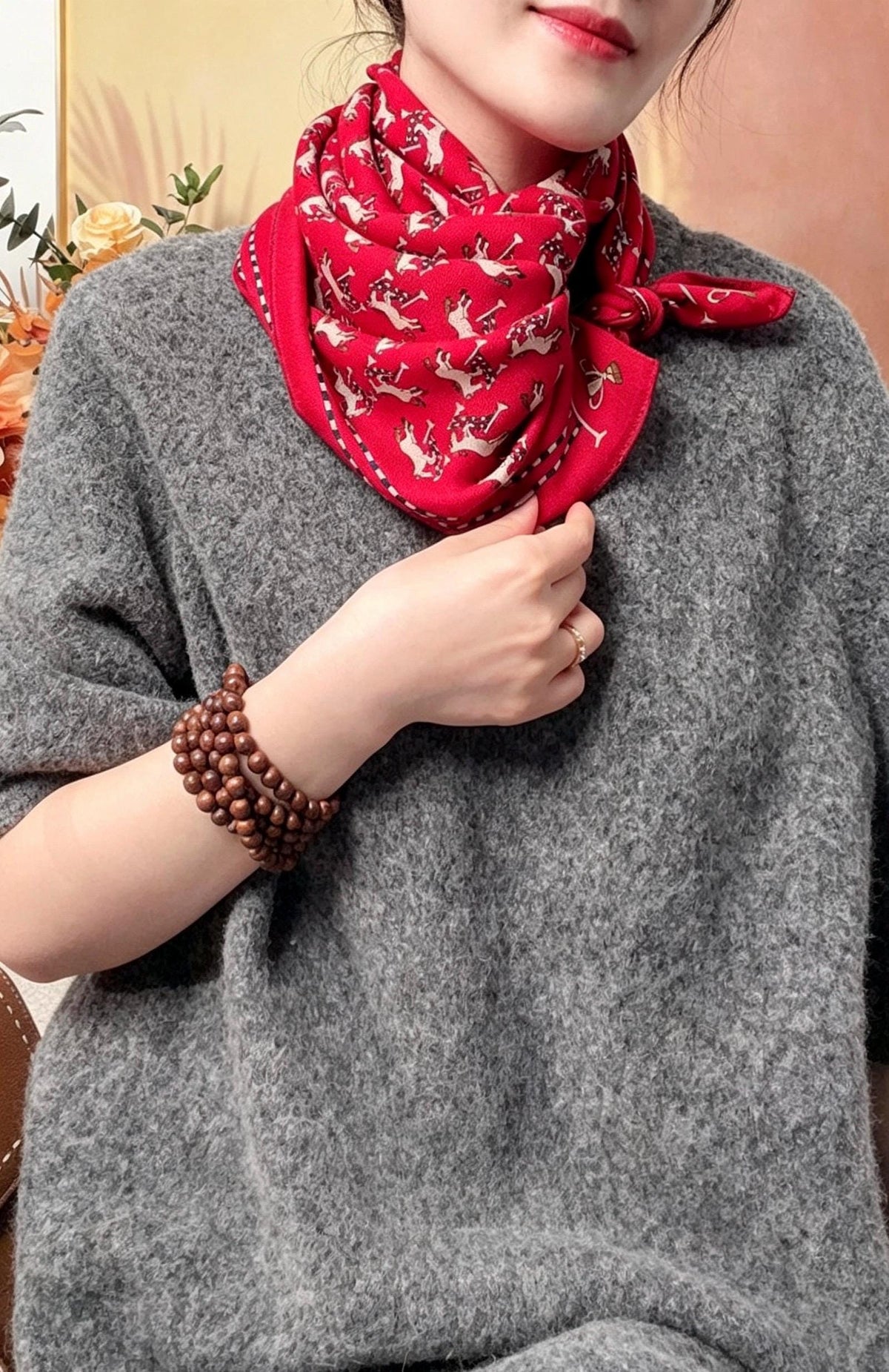 Silk Wool Scarf 35"x35" 88x88cm, Cute Playful Horse Silk Wool Square Scarf, Whimsical Spring Shawl Wrap, Cute Gift for Her