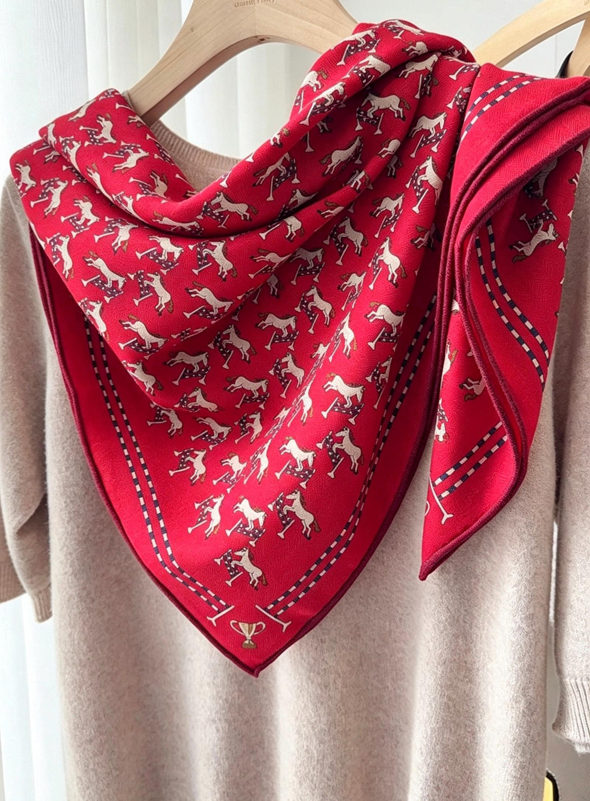 Silk Wool Scarf 35"x35" 88x88cm, Cute Playful Horse Silk Wool Square Scarf, Whimsical Spring Shawl Wrap, Cute Gift for Her