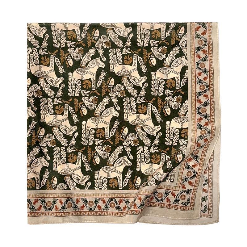100% Mulberry Silk Scarf 26"x26" 65x65cm, Green Woodland Horse Print Silk Crepe de Chine Square Scarf, Neckwear, Gift for Her